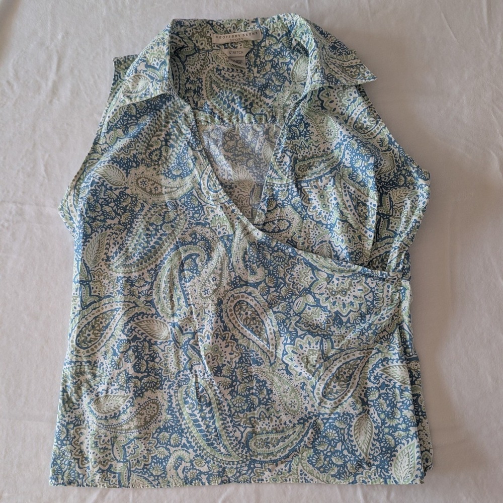 Vtg Sleeveless Top Surplice Blouse Blue Green Paisley Faux Wrap Sz 14 Pastel